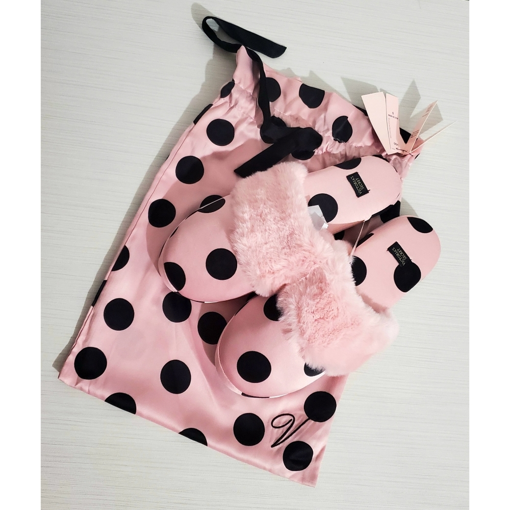 NWT Victoria's Secret Signature Satin Slippers Polka dots Blush Pink & B…